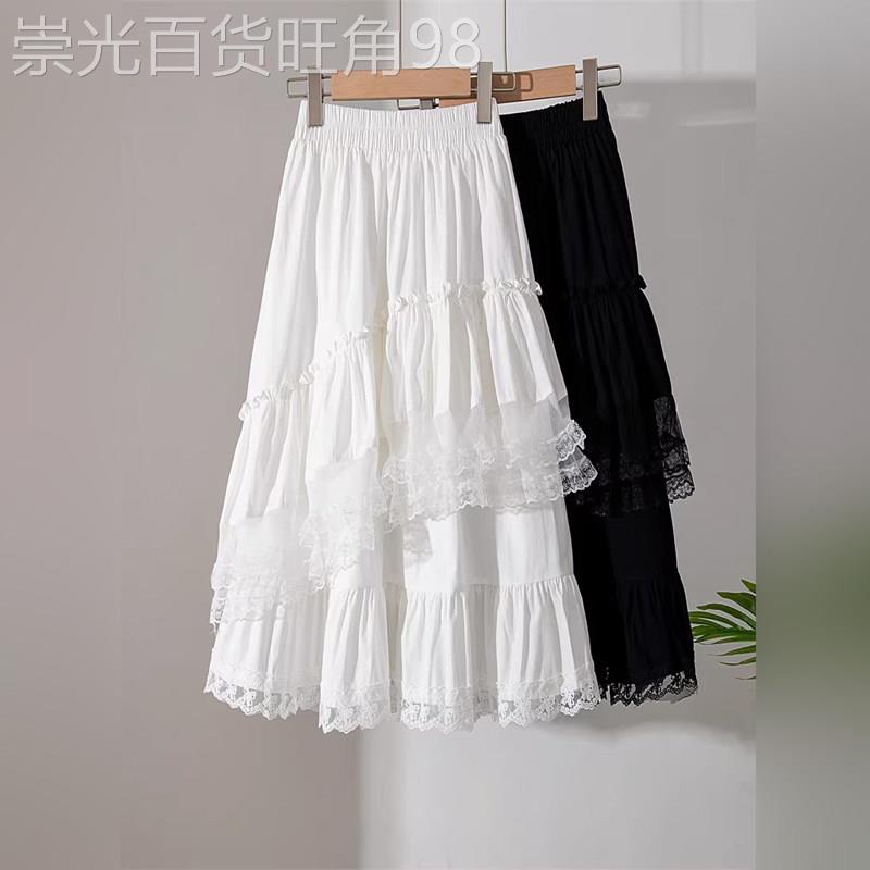 潮牌不规则蕾丝网纱半身裙夏季小个子松紧高腰显瘦a字百褶中长裙