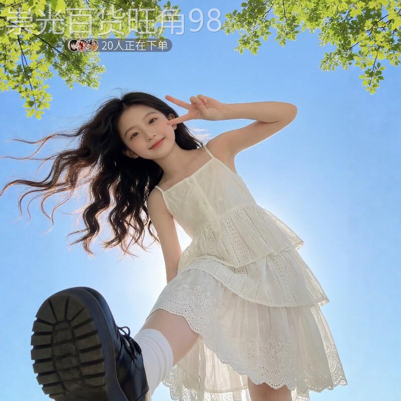 法国BADNUT女童洋装夏季2026新款大童镂空蛋糕裙儿童白色吊带裙