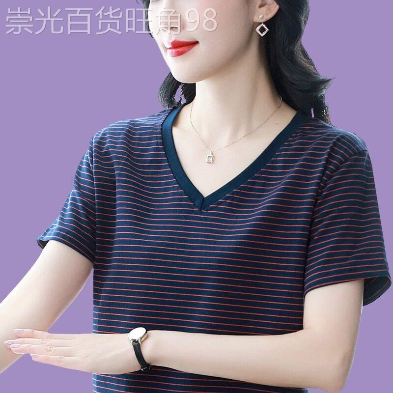 夏装2026新款纯棉短袖T恤女装条纹V领上衣服宽松大尺码遮肉休闲半