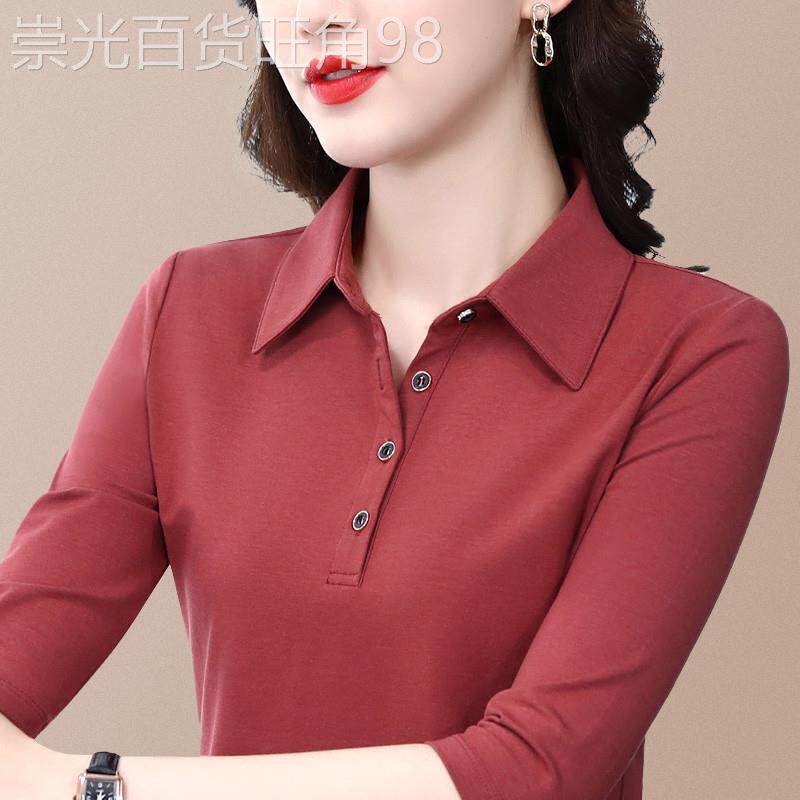 韩国长袖T恤上衣女士春秋装小衫2026新款翻领中年妈妈装衬衫上衣