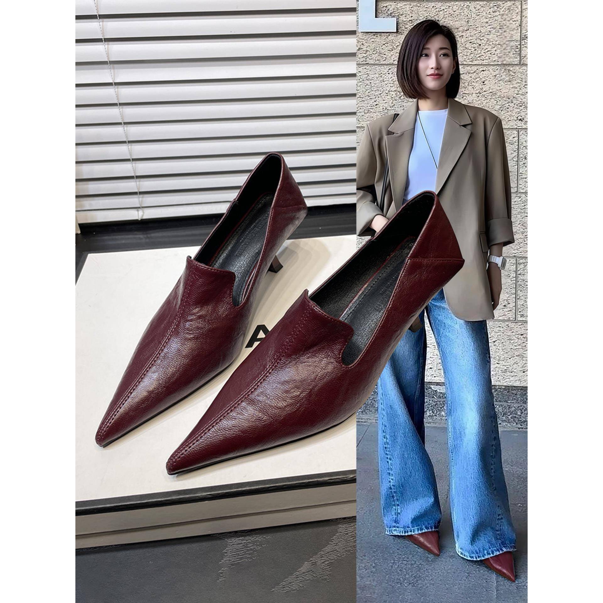 香港真皮细跟尖头浅口单鞋女2025春秋新款职业通勤软皮高跟小皮鞋