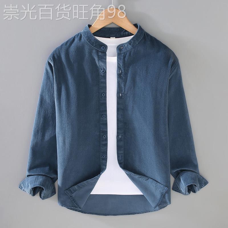 香港圆领灯芯绒长袖衬衫男春秋装复古立领上衣休闲纯棉条绒衬衫潮