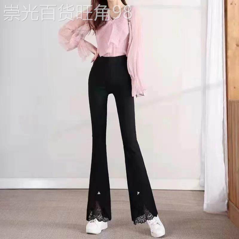 松紧腰黑色裤子女秋冬2026新款高腰弹力修身显瘦蕾丝拼接喇叭长裤