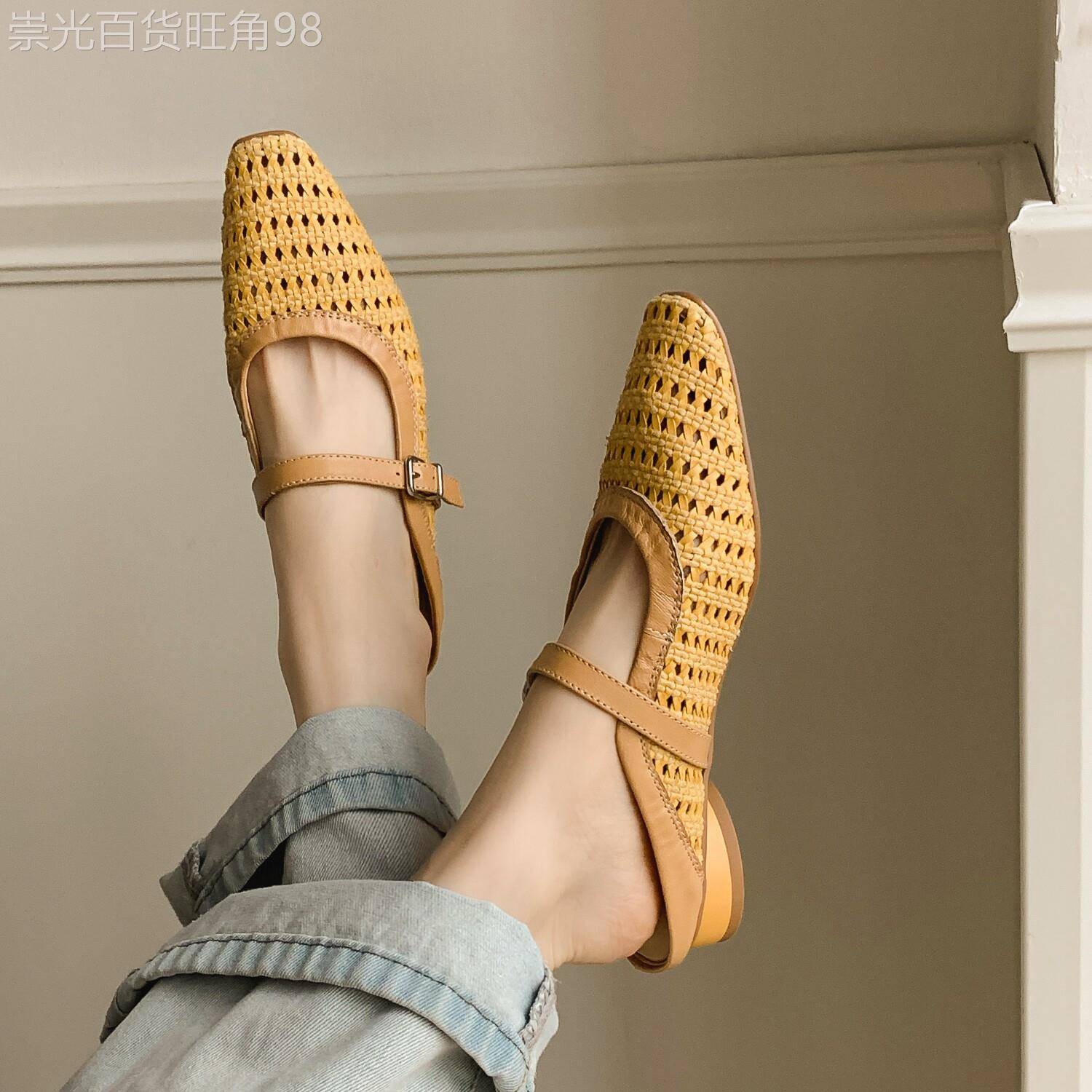 糖霜夏梦~ 度假风镂空编织玛丽珍拖鞋女外穿方头编织低跟包头半拖