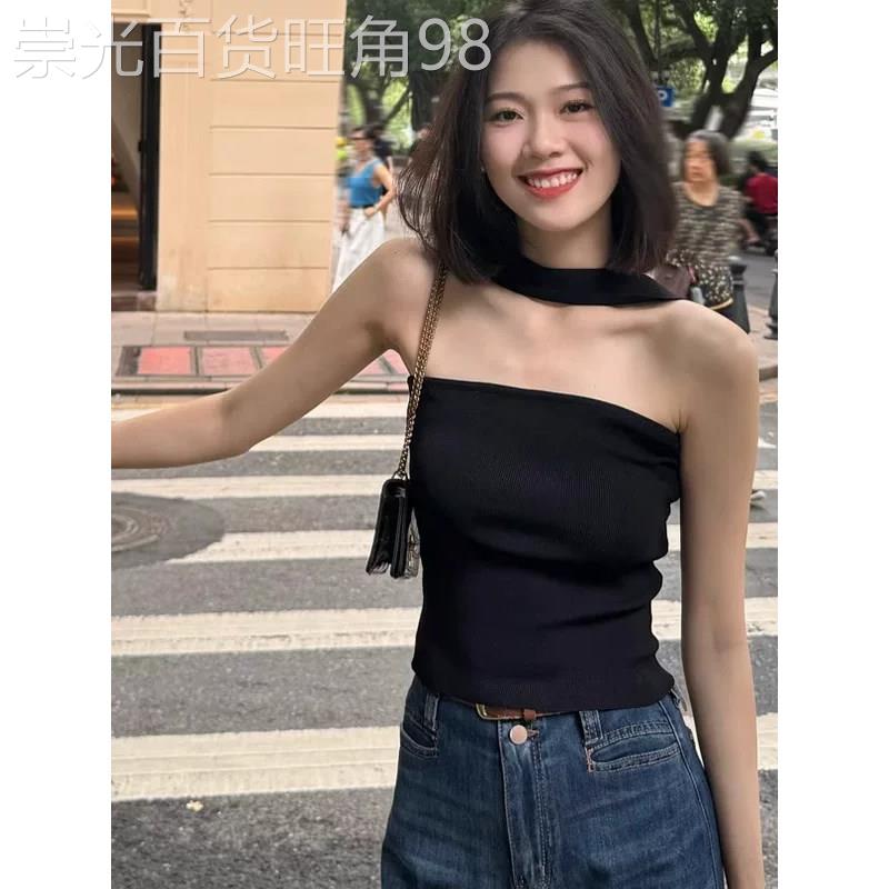 黑色法式一字肩挂颈抹胸背心女夏季欧货外穿修身辣妹短款无袖上衣