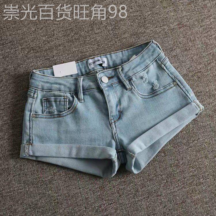 超显大长腿 欧美街头复古磨破修身低腰卷边提臀牛仔短裤女热裤