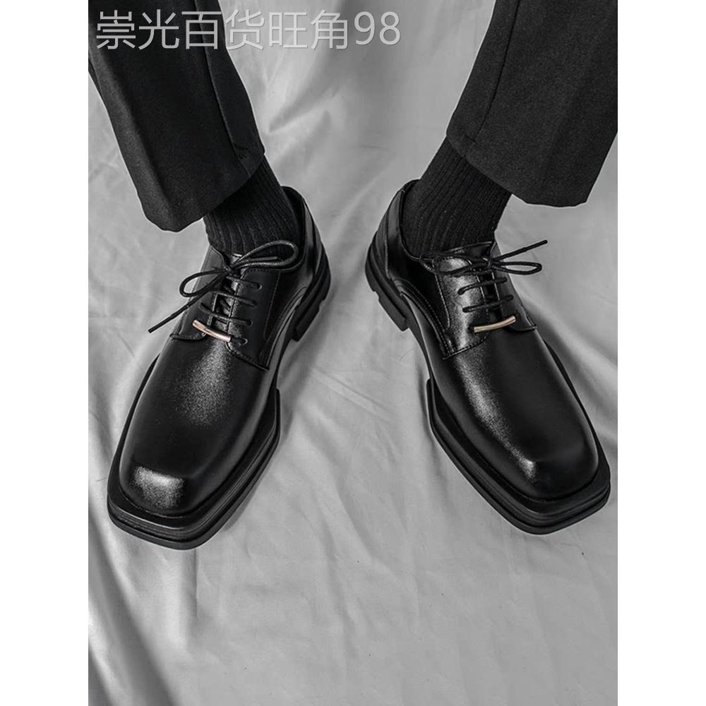 高端白色方头皮鞋男2025秋季潮流厚底内增高德比鞋商务正装小白鞋