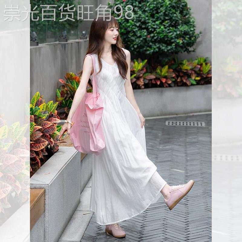 白色雪纺V领无袖洋装女夏季法式高级感气质海边度假沙滩吊带裙