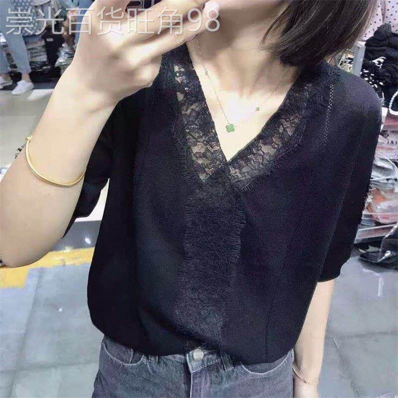 冰丝针织衫夏薄款短袖t恤女深圳欧货蕾丝网纱拼接雪纺v领镂空上衣