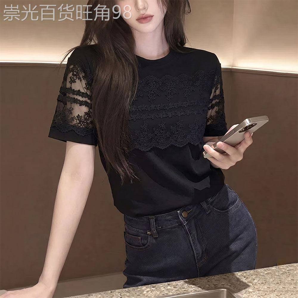 黑色短袖T恤女夏季2026新款高级感韩系拼接宽松显瘦T恤蕾丝上衣