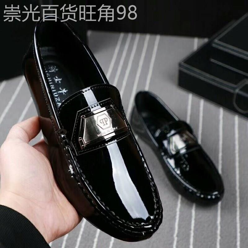 漆皮豆豆鞋男真皮2025年新款亮面一脚蹬内增高休闲小皮鞋男士皮鞋