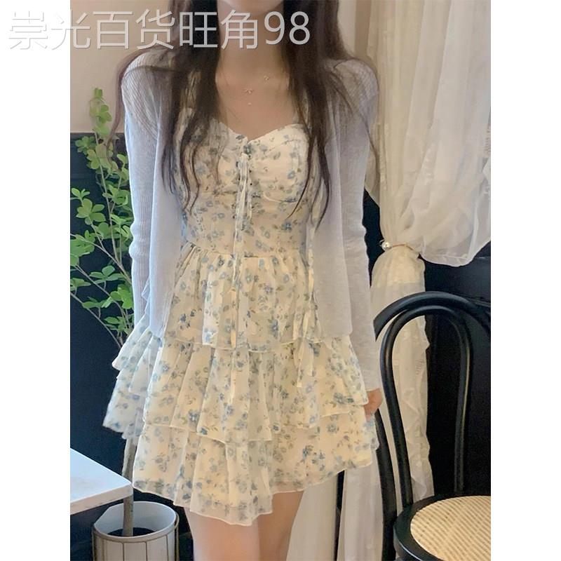 法式雪纺蓬蓬裙甜辣风碎花吊带连衣裙高腰短裙两件套女夏季