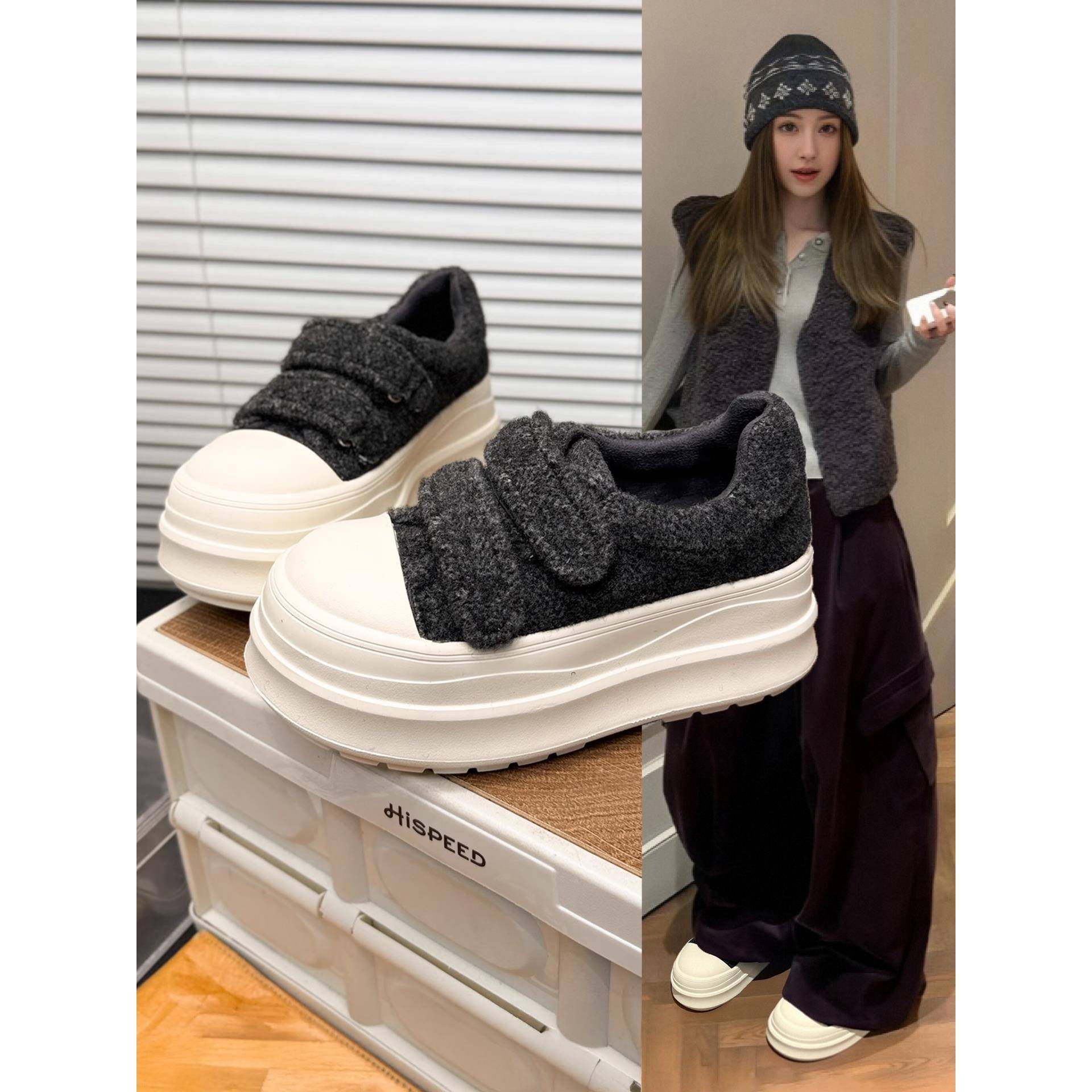 香港毛呢松糕厚底魔术贴板鞋女2025秋冬新款时尚小个子加绒休闲鞋