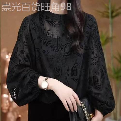 高级感植绒提花衬衣女士装春夏新款黑色洋气打底衫灯笼袖镂空上衣
