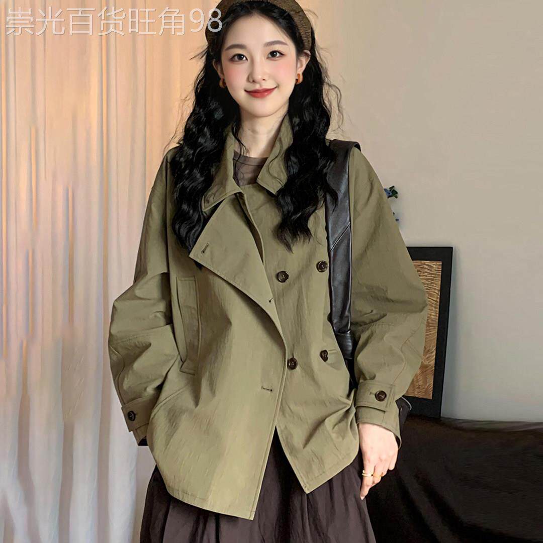 美式复古绿色风衣外套女2026春季新款设计感双排扣小个子夹克上衣