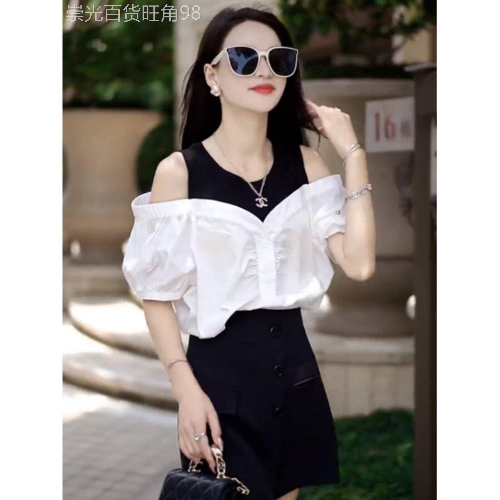 撞色拼接假两件露肩短袖衬衫女夏季欧货褶皱显瘦甜美气质百搭上衣