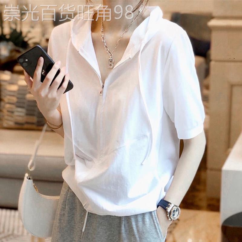 连帽短袖t恤女士装夏季2026年新款白色纯棉宽松显瘦洋气小衫上衣