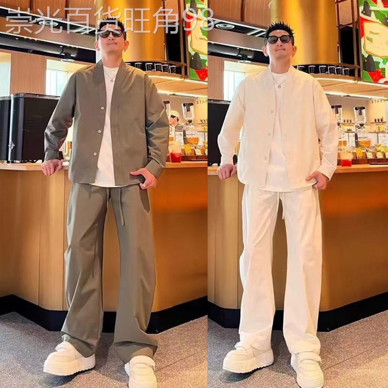 休闲运动套装男春秋季时尚潮牌简约纯色百搭高级感V领男装两件套
