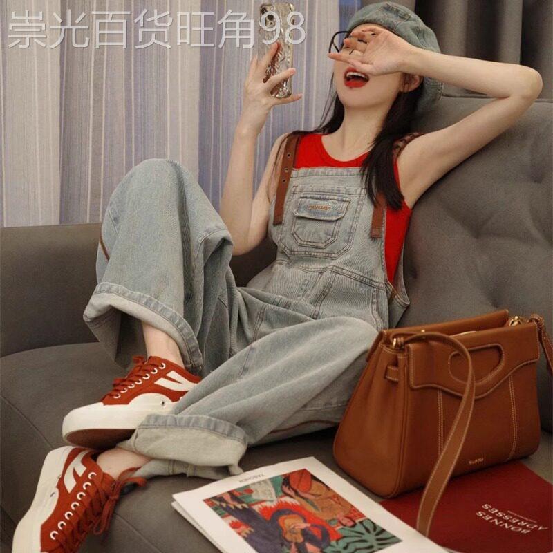 牛仔抱婴袋裤女夏季薄款2025新款吊带覆古小个子直筒工装阔腿连身