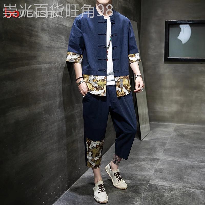 中国风亚麻套装男士2026新款夏季短袖衬衫棉麻唐装汉服两件套男款