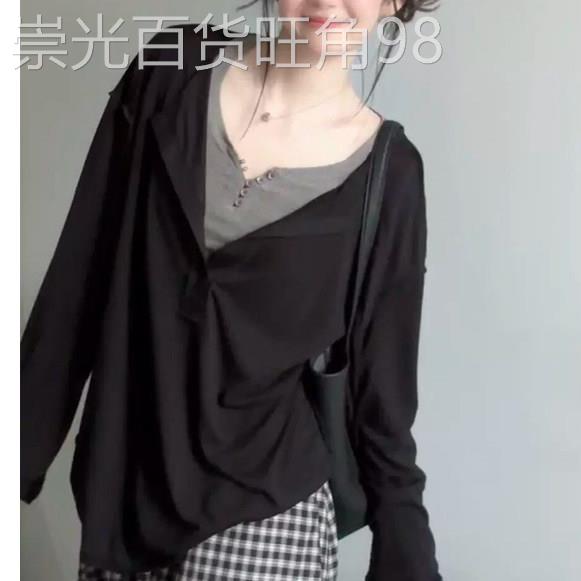 韩系松弛感黑色v领长袖t恤女2026夏季新款欧货宽松显瘦叠穿罩衫潮