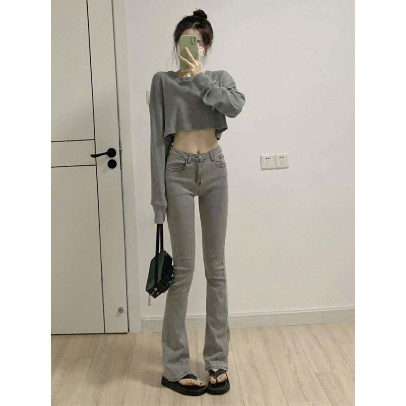 韩国美式覆古灰色高腰微喇牛仔裤女秋季弹力修身高个子加长拖地裤