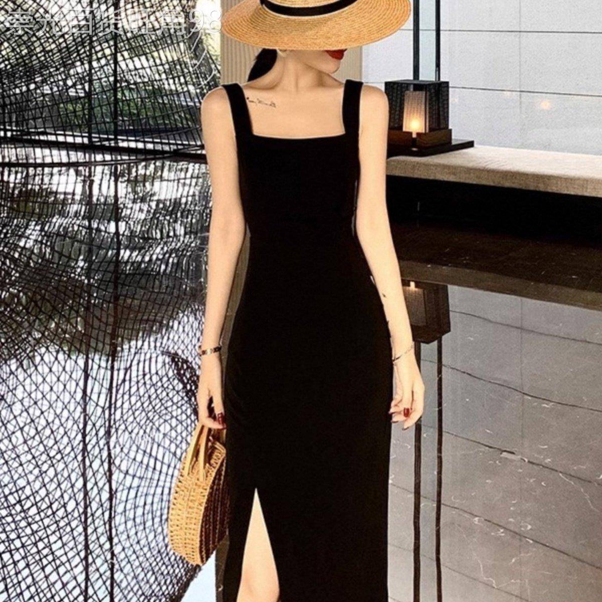 黑色方领吊带洋装女早秋欧货时尚高端开叉中长版内搭气质小黑裙