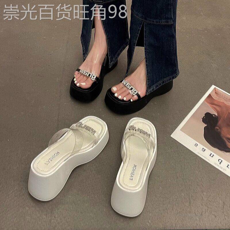 厚底透明一字拖鞋女夏外穿2026新款小众欧美风网红高跟水钻凉拖鞋