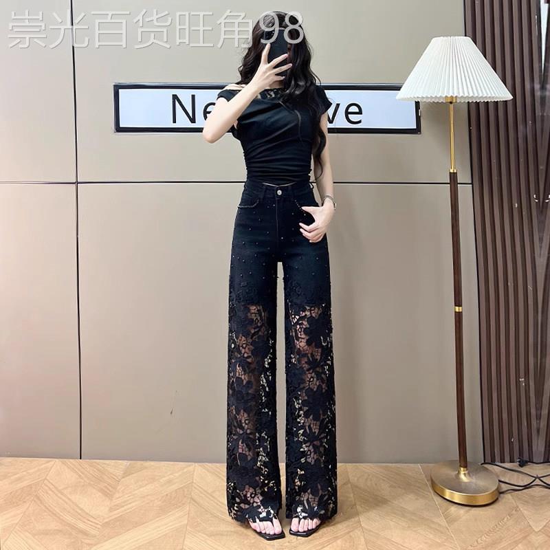 黑色直筒牛仔裤女夏季薄款2026新款高腰显瘦小个子镂空蕾丝阔腿裤