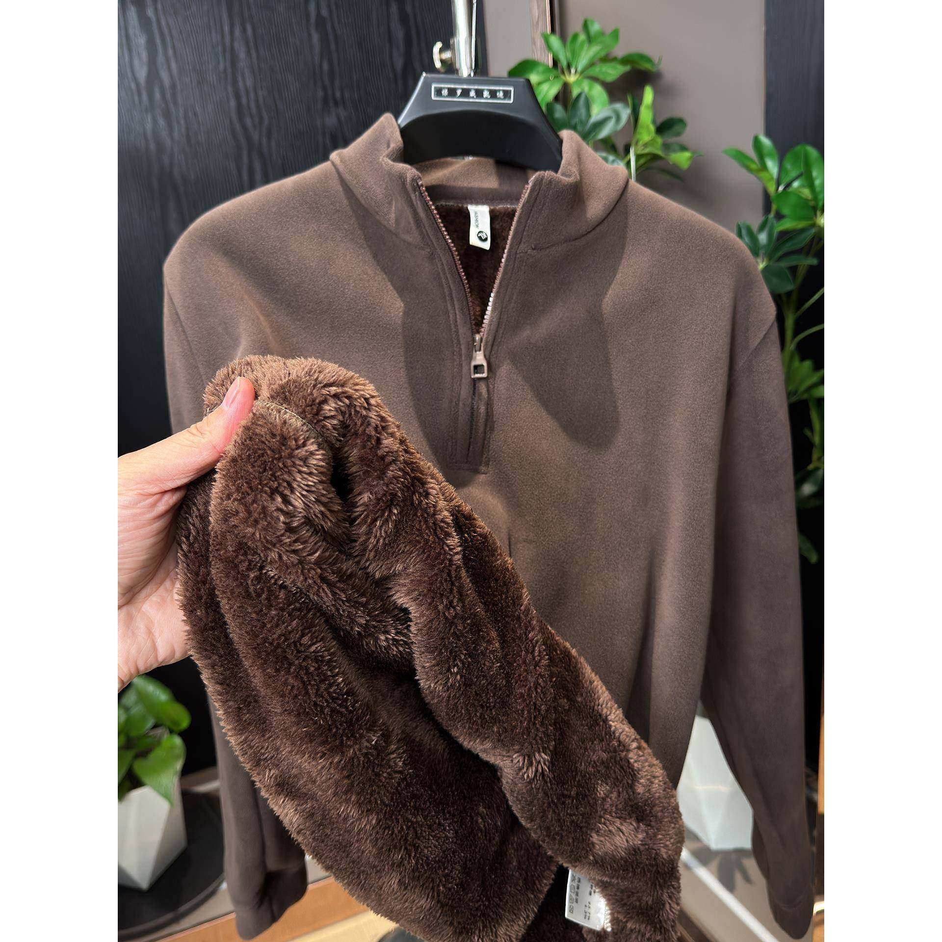 MAROLIO~长驼绒超厚卫衣男士半拉链一体绒保暖上衣冬季加绒打底衫