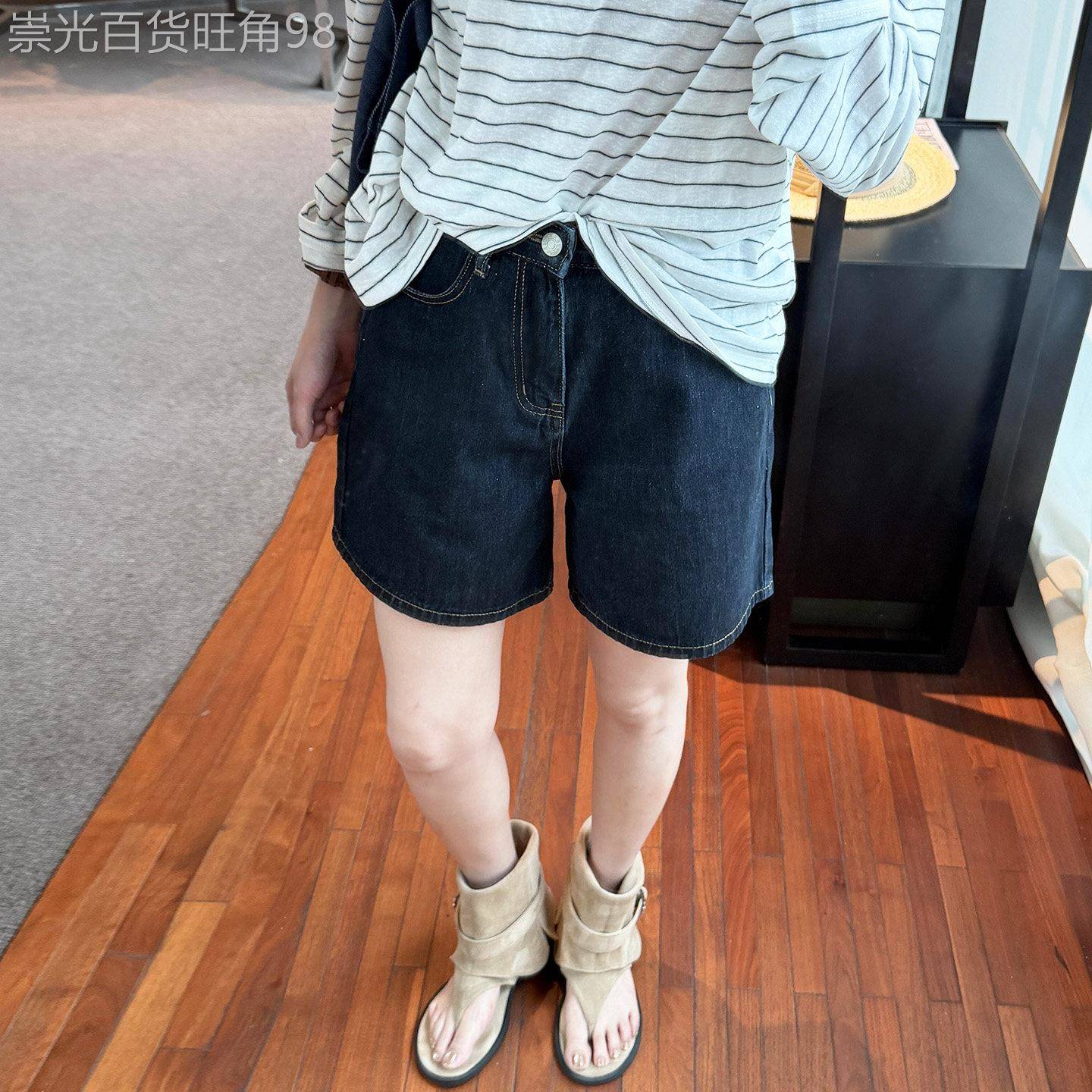 美式深蓝色牛仔短裤女夏薄款小个子宽松休闲a字阔腿三分五分中裤