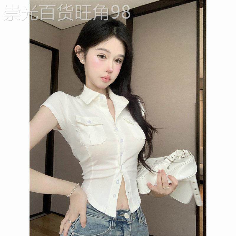 纯欲辣妹白色正肩短袖衬衫女夏季polo领修身紧身短款衬衣法式上衣