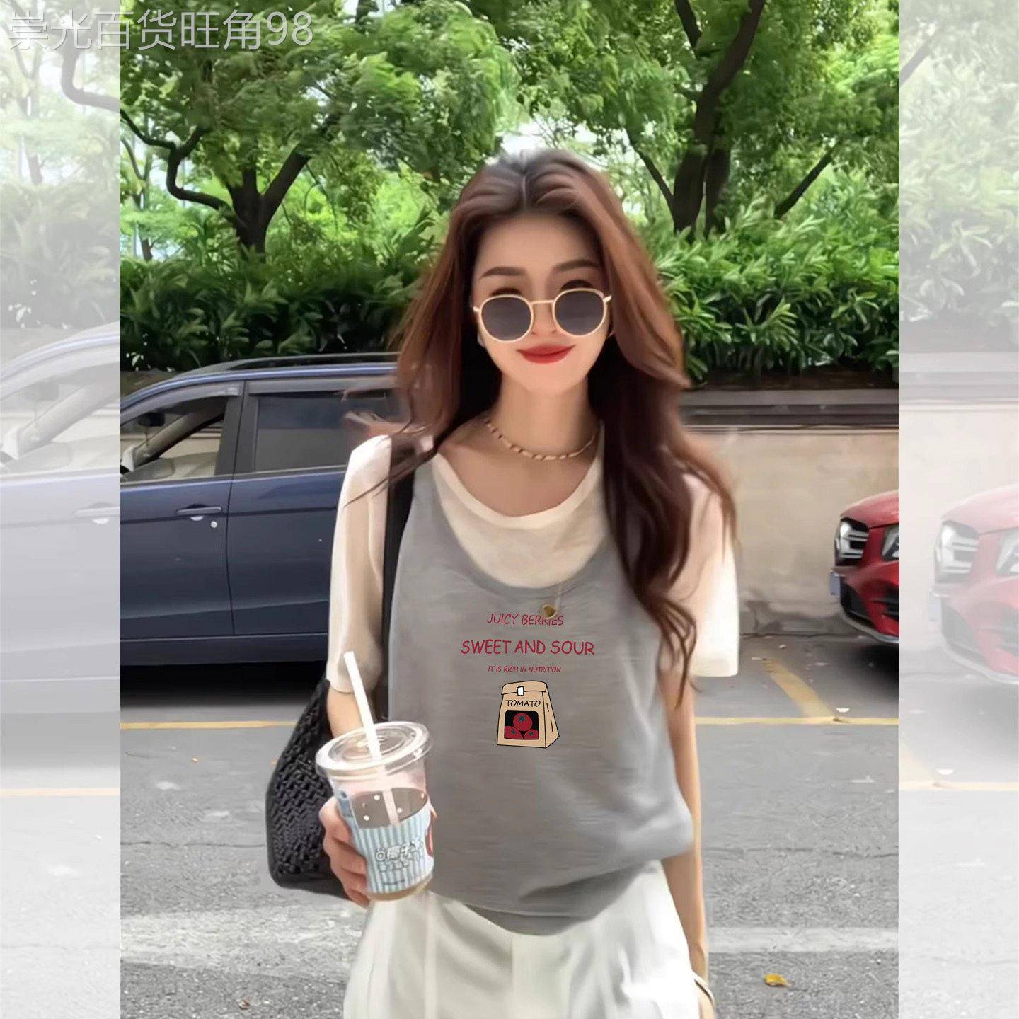 韩系chic别致设计感短袖t恤女夏季独特假两件套圆领宽松简约上衣