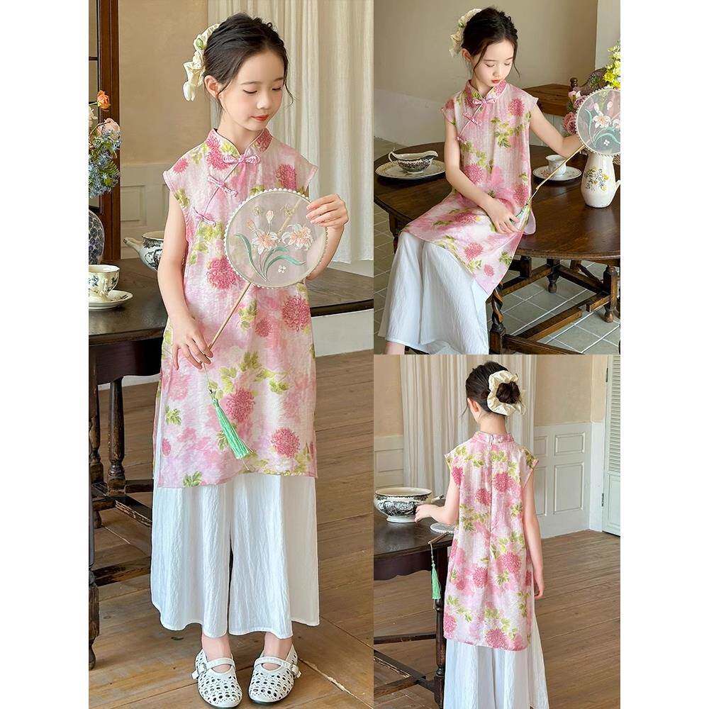 韩国Uamtor新中式女童裙子套装夏季大童旗袍裙国风叠穿两件套