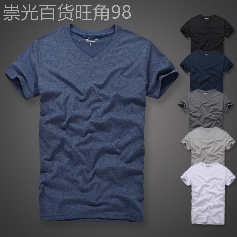 香港潮牌纯色短袖T恤男士V领欧美纯棉打底衫休闲夏季修身体恤上衣