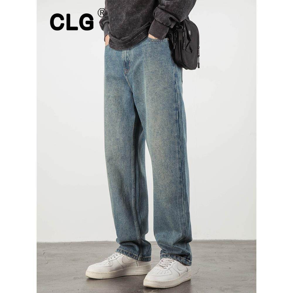 香港潮牌秋季新款浅色阔腿牛仔裤男直筒宽松大码垂感潮流休闲长裤