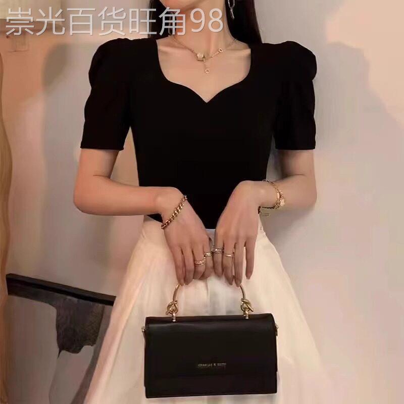 正肩短袖t恤女夏季薄款2026新款修身显瘦设计感泡泡半袖体恤上衣