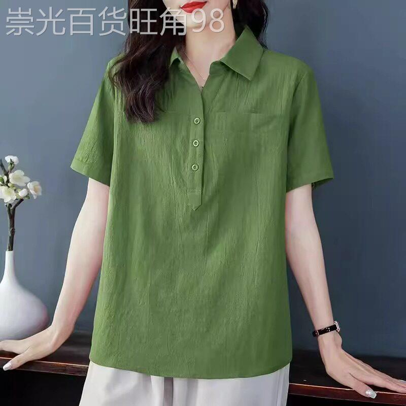 潮牌大码棉麻短袖衬衫女2026年夏季新款宽松中年妈妈t恤衬衣上衣