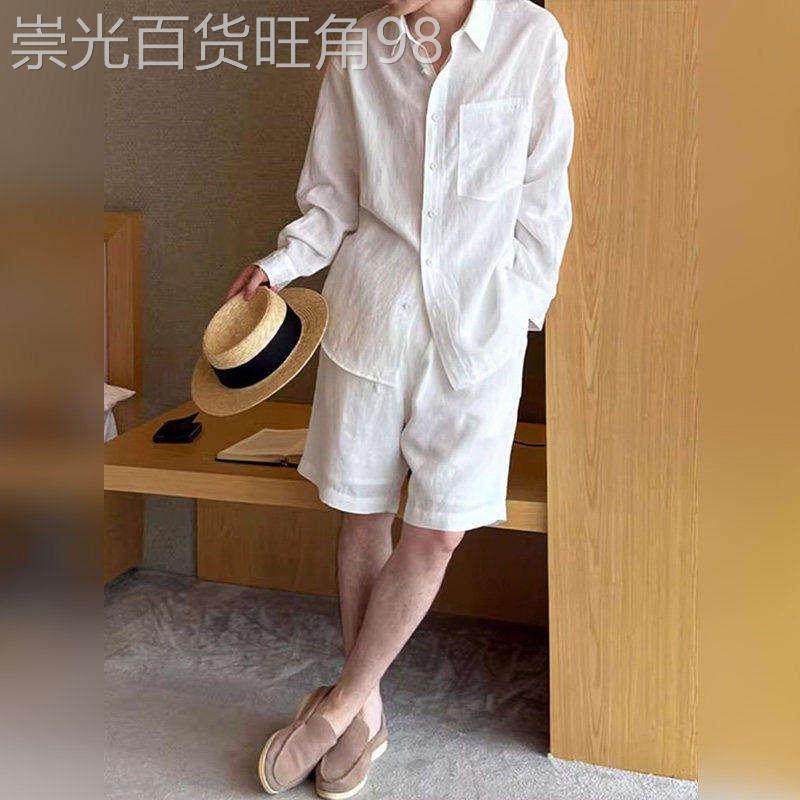 薄款长袖衬衫短裤套装男2026夏季高端老钱风宽松休闲懒人成套穿搭