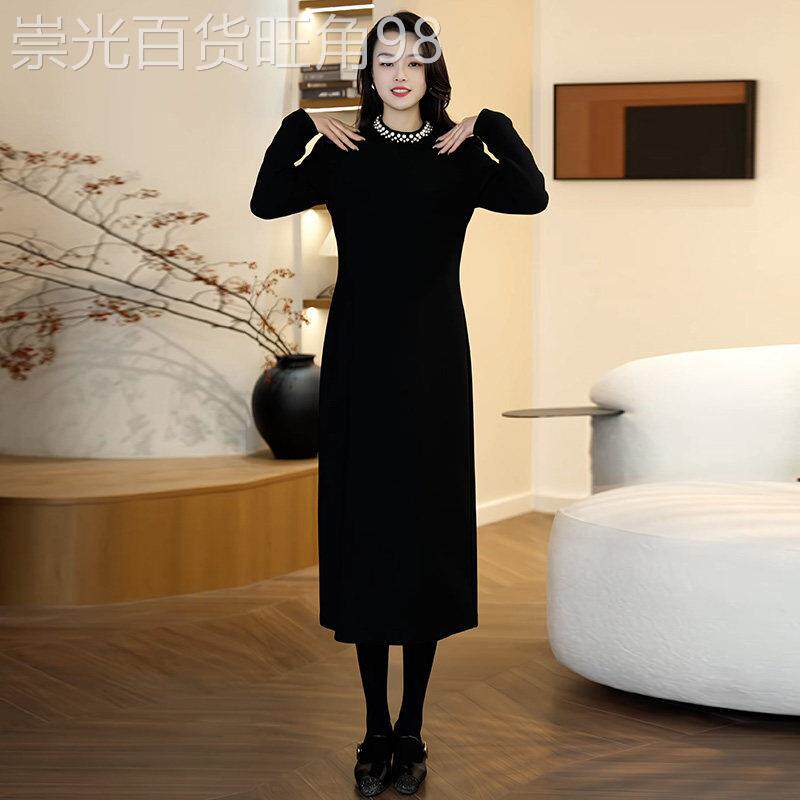 高端气质长款加厚黑色连衣裙女秋冬新款裙子洋气配大衣打底裙大码
