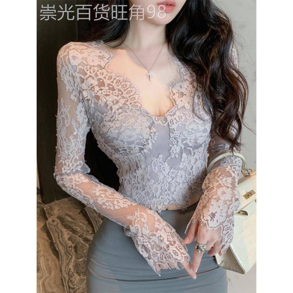 纯色风格性感透明剪裁蕾丝衬衫与V领短春夏底衬衫性感腰上衣