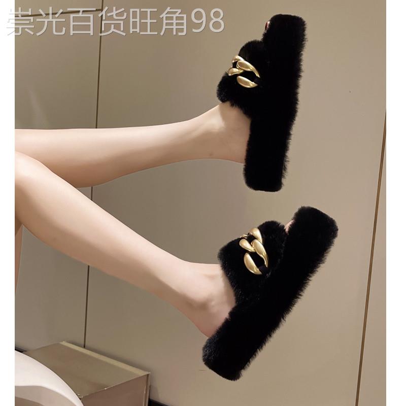 香港潮牌仙女风春秋小个子增高毛拖鞋女韩版外穿百搭厚底一字拖鞋
