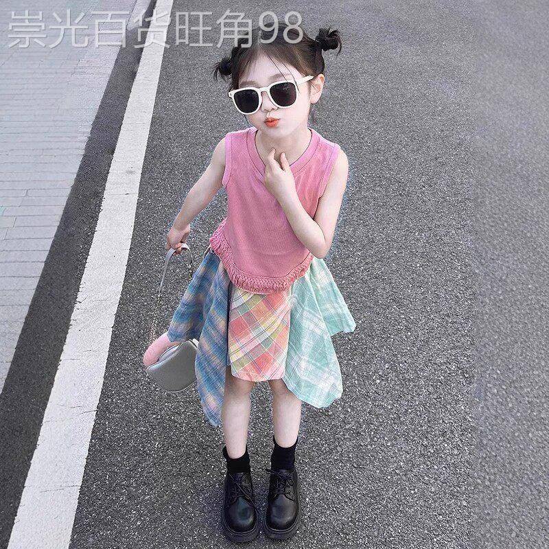 韩国Uamtor女童夏套装裙新款中大童女孩背心不规则裙子多巴胺穿搭