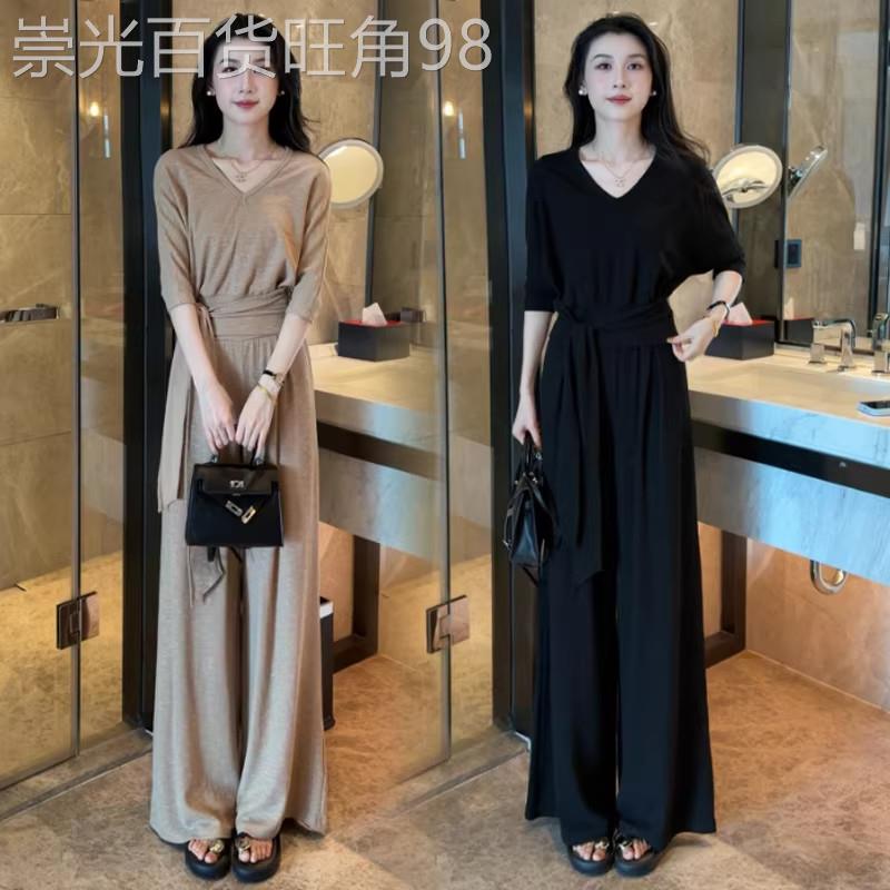 香港代购时尚套装女2026夏季新款显瘦绑带V领上衣阔腿裤两件套潮