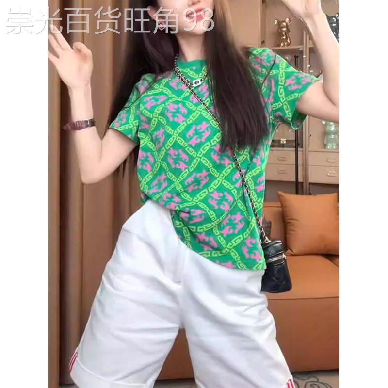 绿色印花圆领短袖T恤女夏季欧货时尚设计感宽松显瘦百搭套头上衣