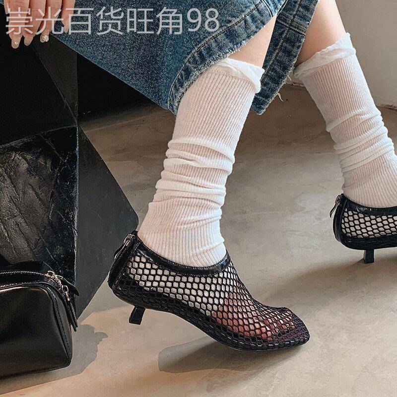 摩登典范!个性设计感镂空透气渔网鞋女方头深口细跟法式小跟凉鞋