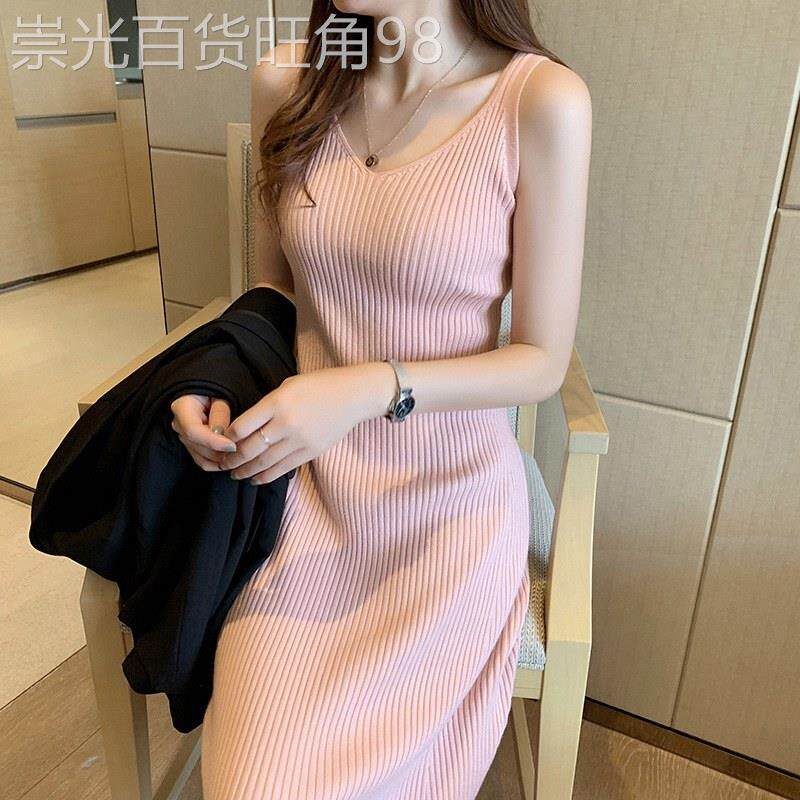 针织吊带连衣裙女春秋欧货西装内搭修身气质中长款V领背心打底裙