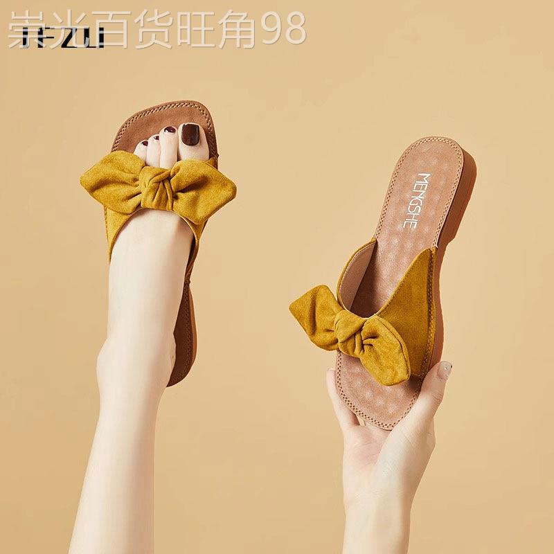 真皮凉拖鞋女外穿2025年夏季新款百搭蝴蝶结一字拖平底沙滩凉拖鞋