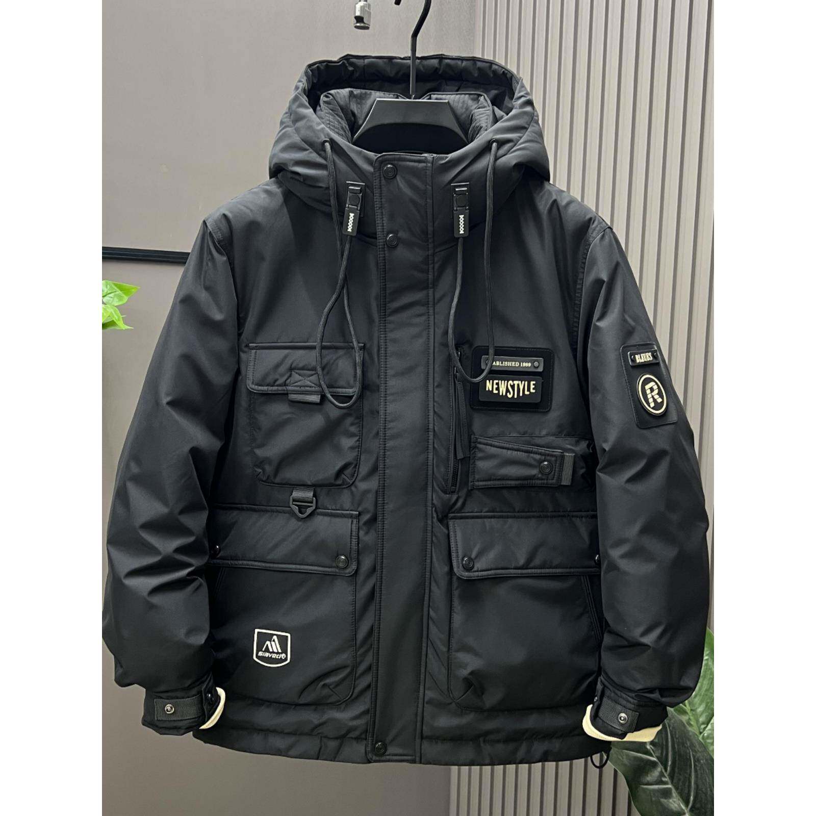 代购冬季新款工装羽绒服男潮牌加厚多口袋连帽羽绒外套保暖上衣潮