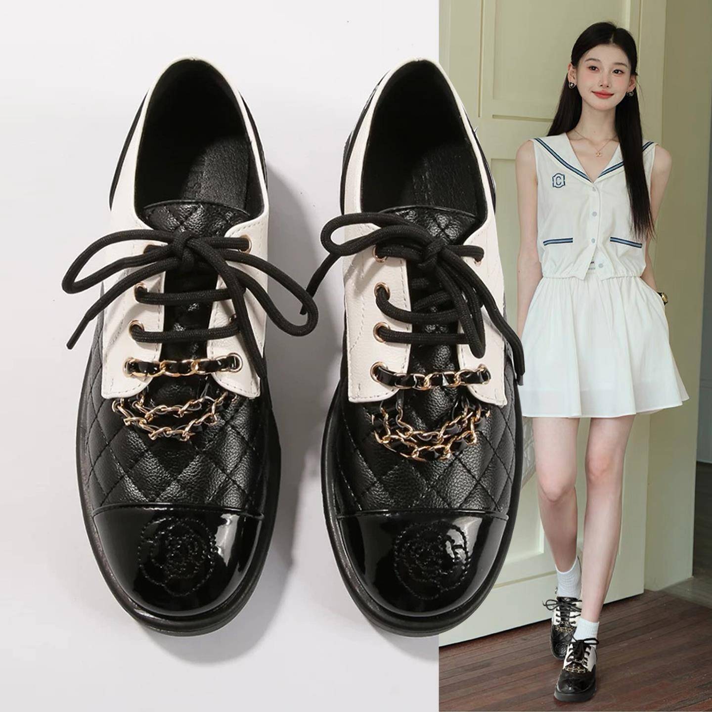 香港2025春法式小香风菱格拼色小皮鞋女金属炼条平底牛津乐福单鞋